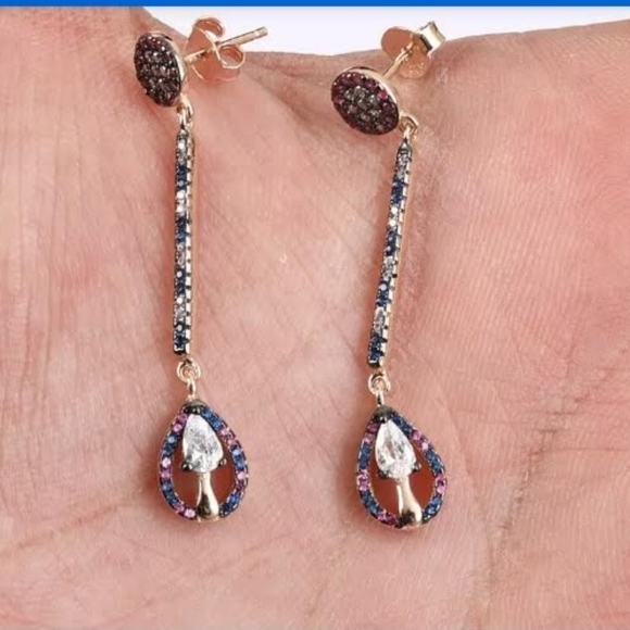 Long teardrop topaz, ruby & sapphire earring set